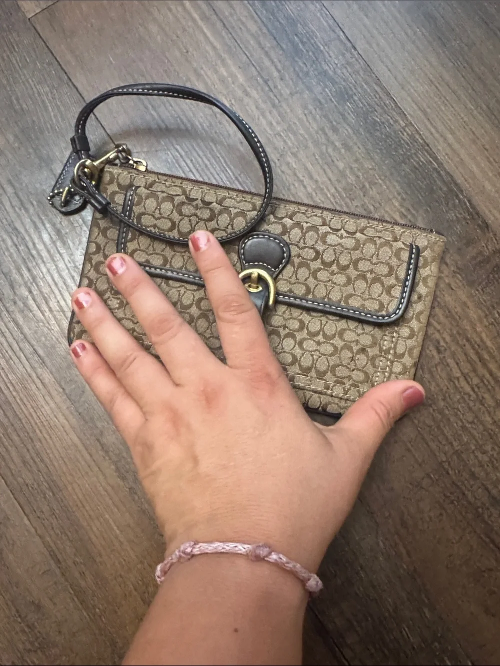 Coach Soho Vintage Tan and Brown Signature Canvas Wristlet with Leather Trim